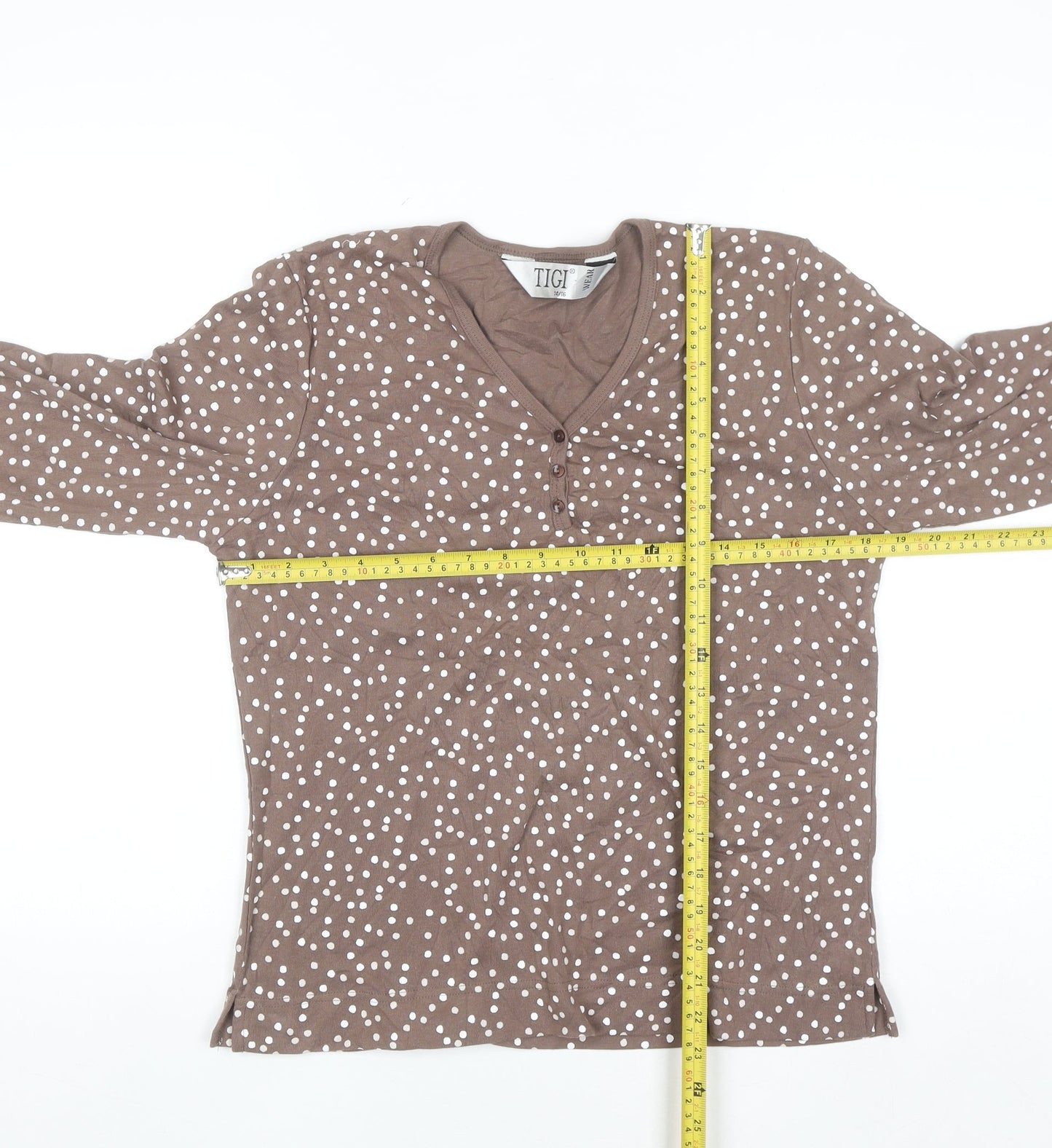 Tigiwear Womens Brown Polka Dot V-Neck Long Sleeve T-Shirt Size 14/16