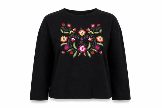 Forever 21 Women's Black Floral Embroidered Pullover Jumper Size M
