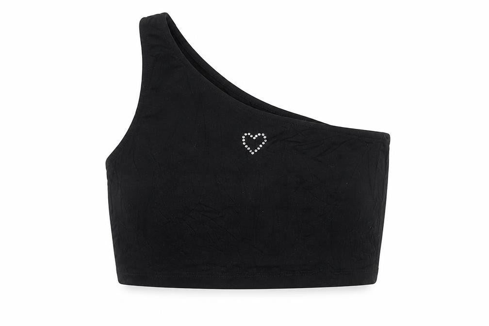 Monki Women’s Black One Shoulder Cropped Tank Top L Rhinestone Heart