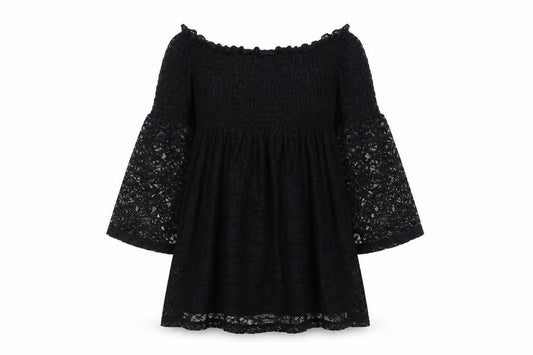 Front view of ASOS Women Black Lace Off Shoulder Mini Dress, size 6