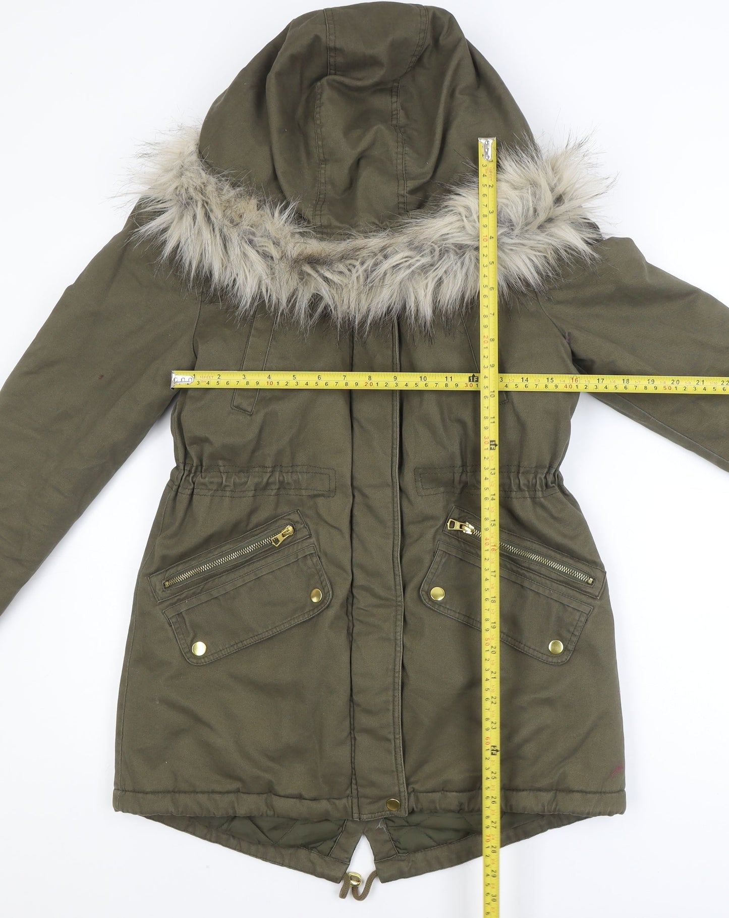 New Look Women’s Green Faux Fur Hooded Cotton Parka Coat Size 10
