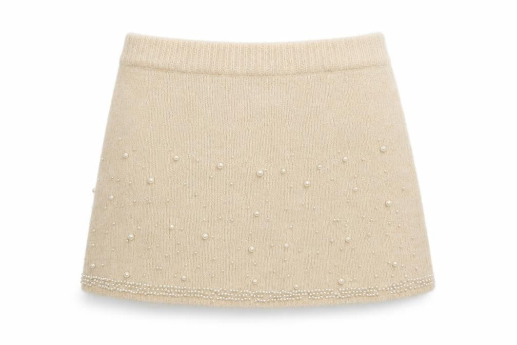 Savida Womens Beige Beaded Knit A-Line Skirt Size 14
