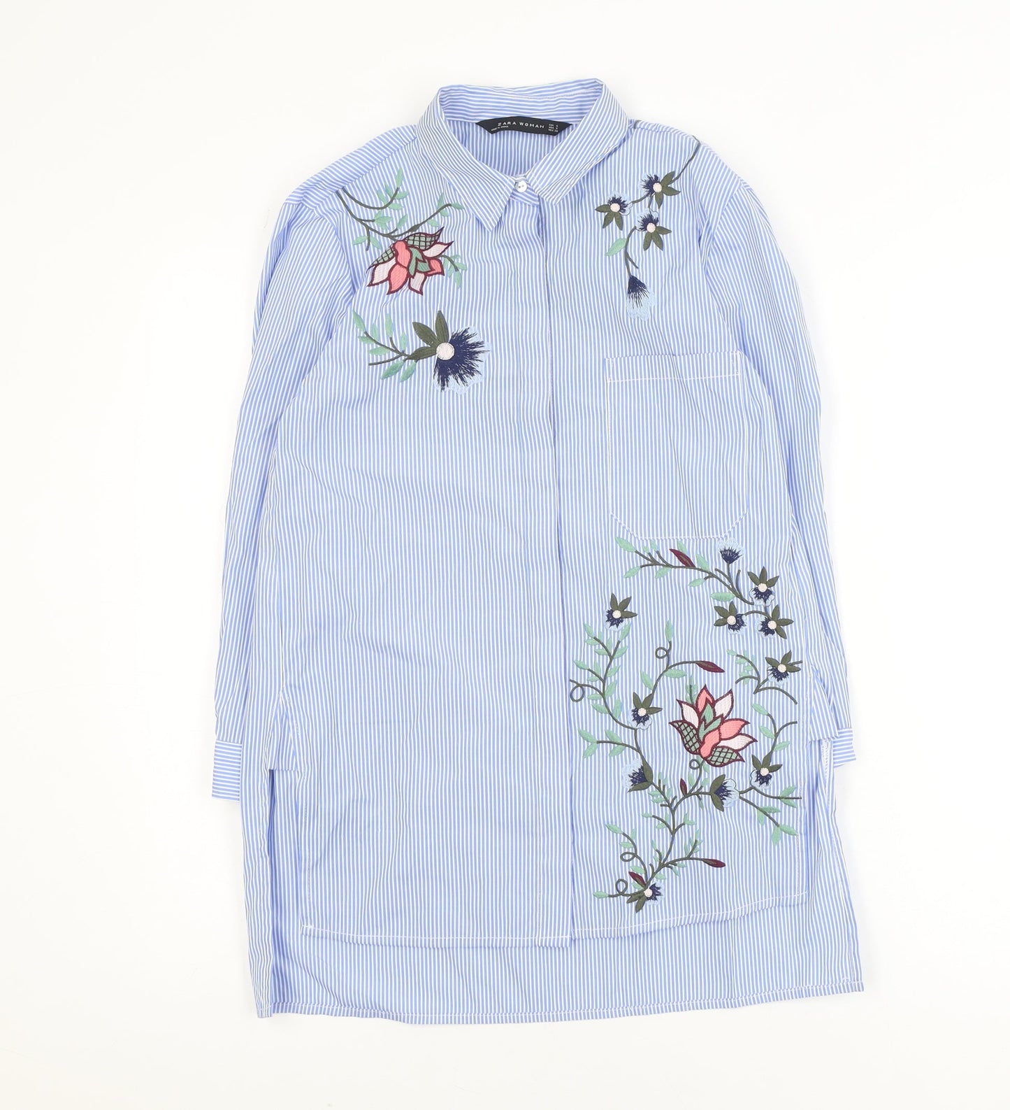 Zara Woman Blue Striped Embroidered Tunic Shirt Women’s Size 8