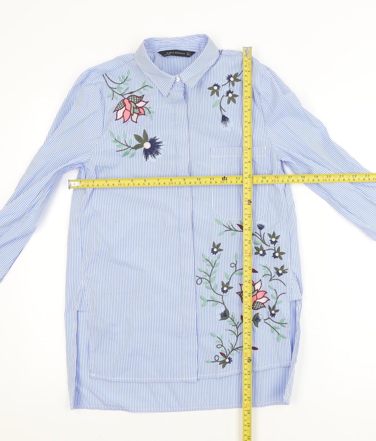 Zara Woman Blue Striped Embroidered Tunic Shirt Women’s Size 8