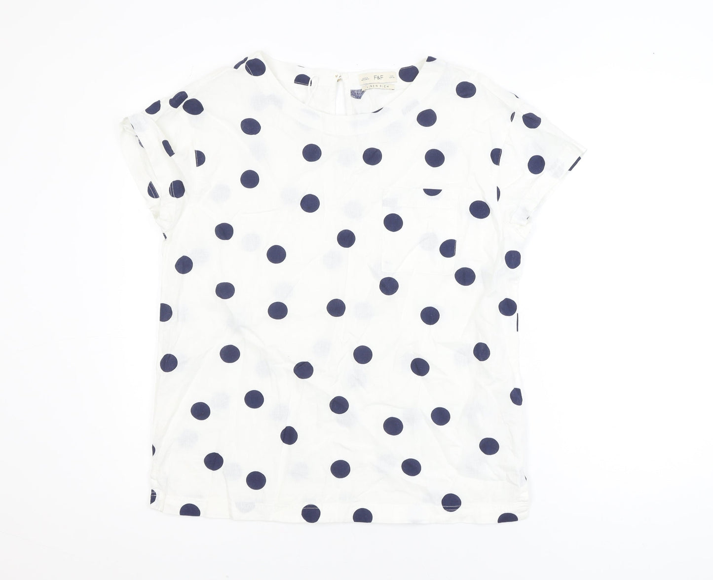 F&F Women’s White Polka Dot Linen Blend Short Sleeve Blouse Size 8