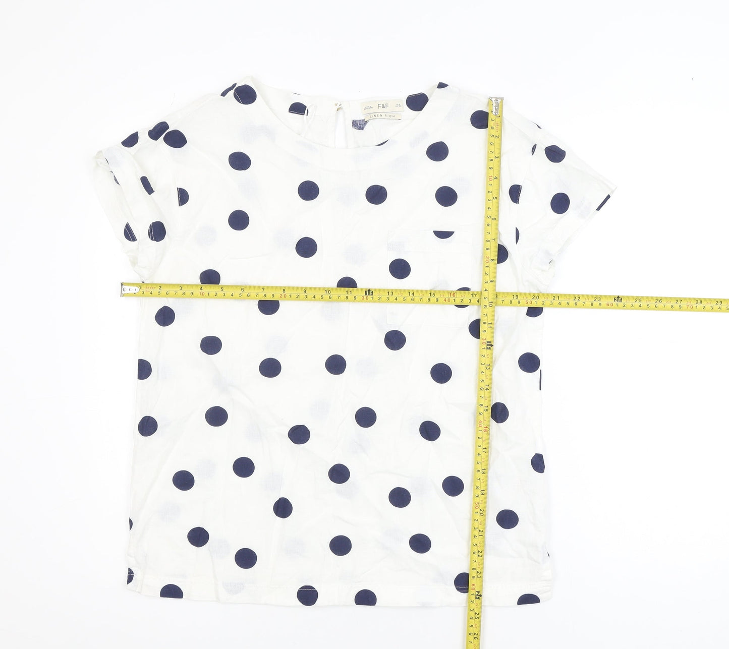 F&F Women’s White Polka Dot Linen Blend Short Sleeve Blouse Size 8
