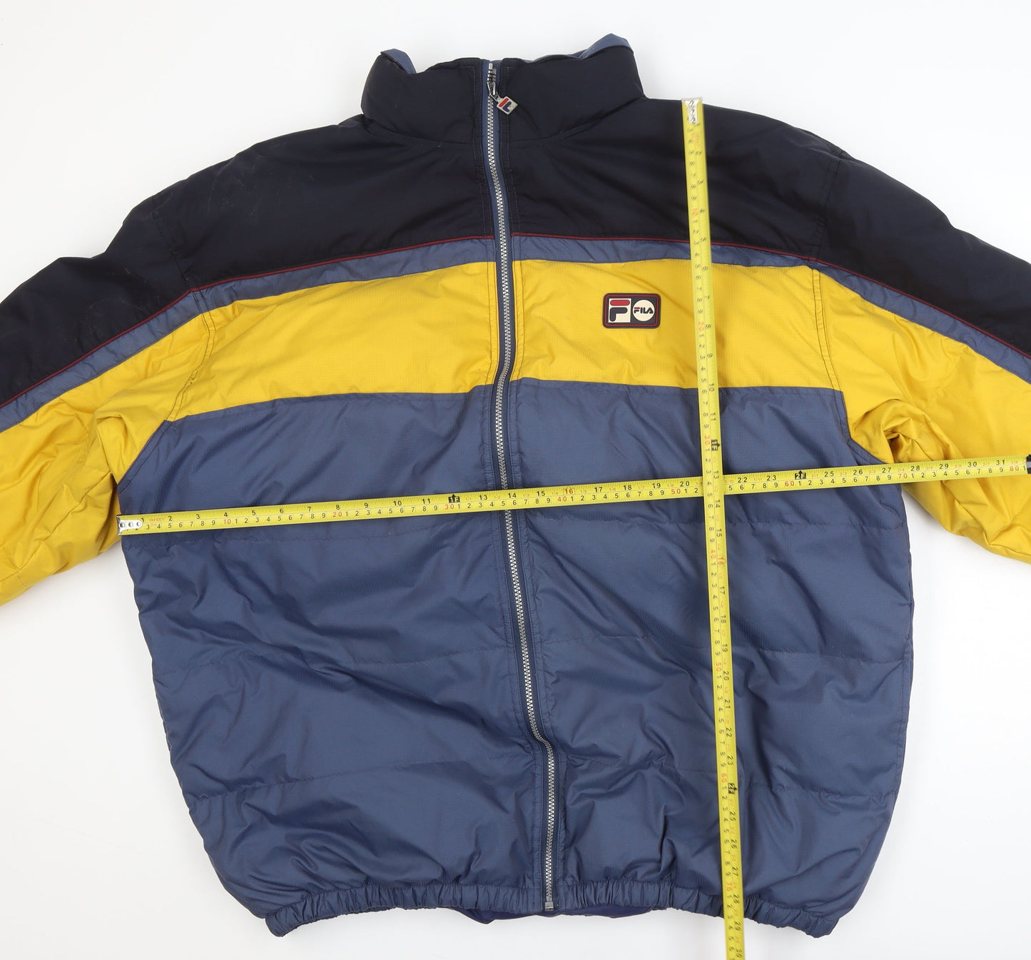 Fila Men's Blue Colourblock Puffer Jacket XL Retro Winter Coat