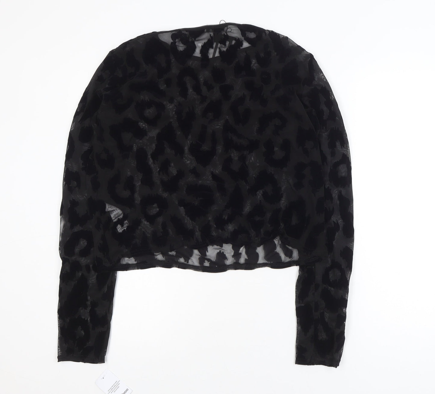 Boohoo Women's Black Animal Print Mesh Long Sleeve Cropped Blouse Size 22