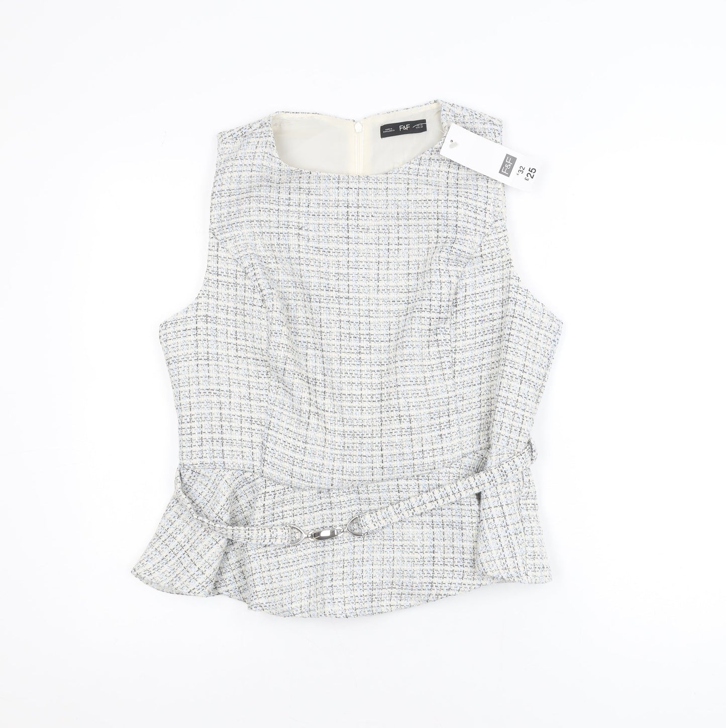 F&F Women’s Multicoloured Tweed Peplum Blouse UK 14 Sleeveless Classic