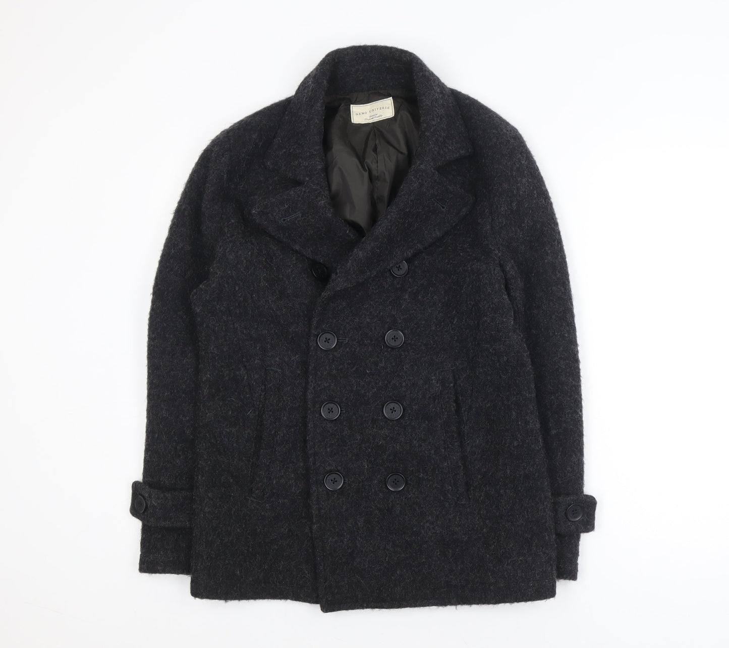 Nano Universe Men's Black Wool Blend Pea Coat Size S