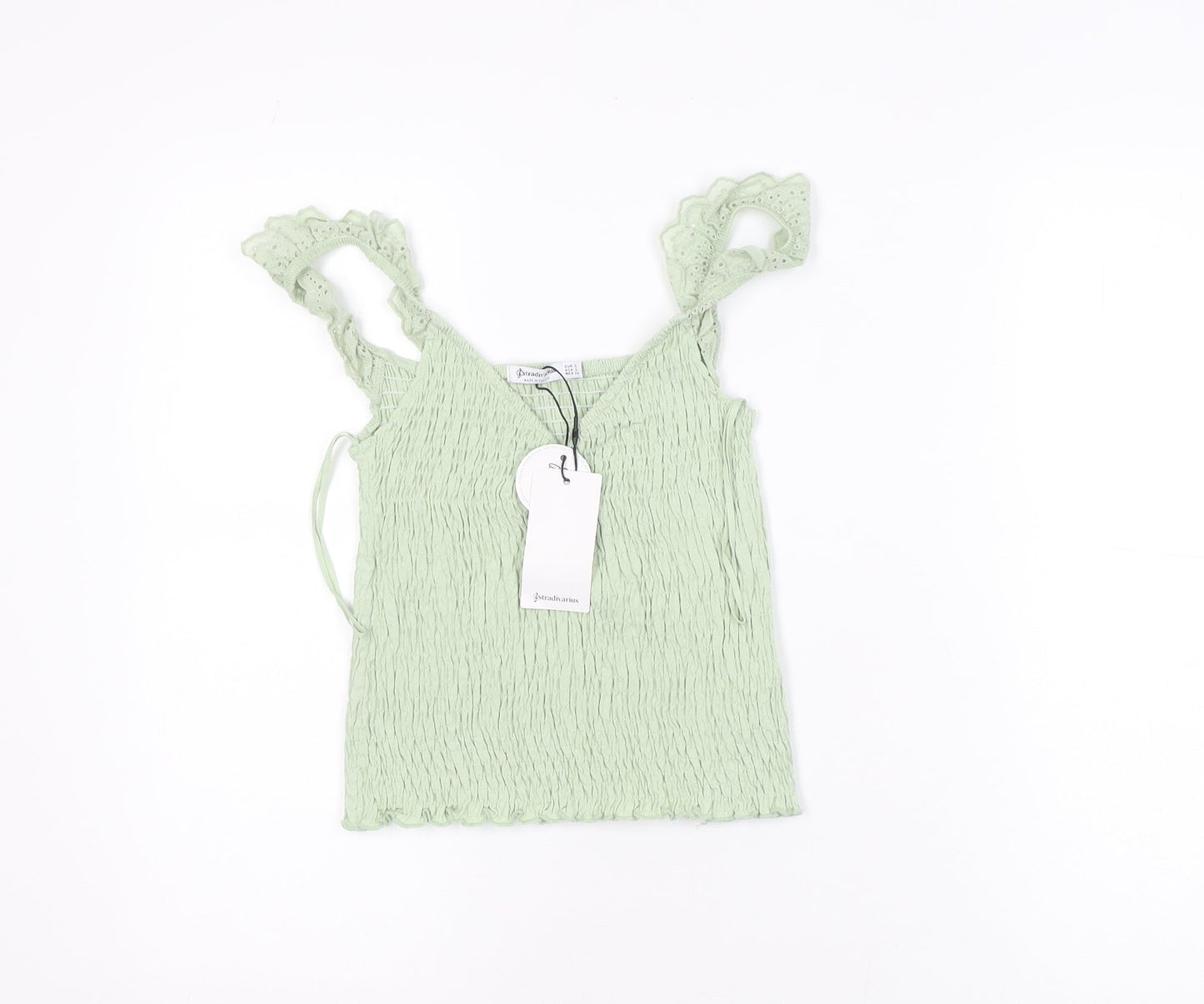 Stradivarius Women Green Ruffle Strap Camisole Tank Top Size 8