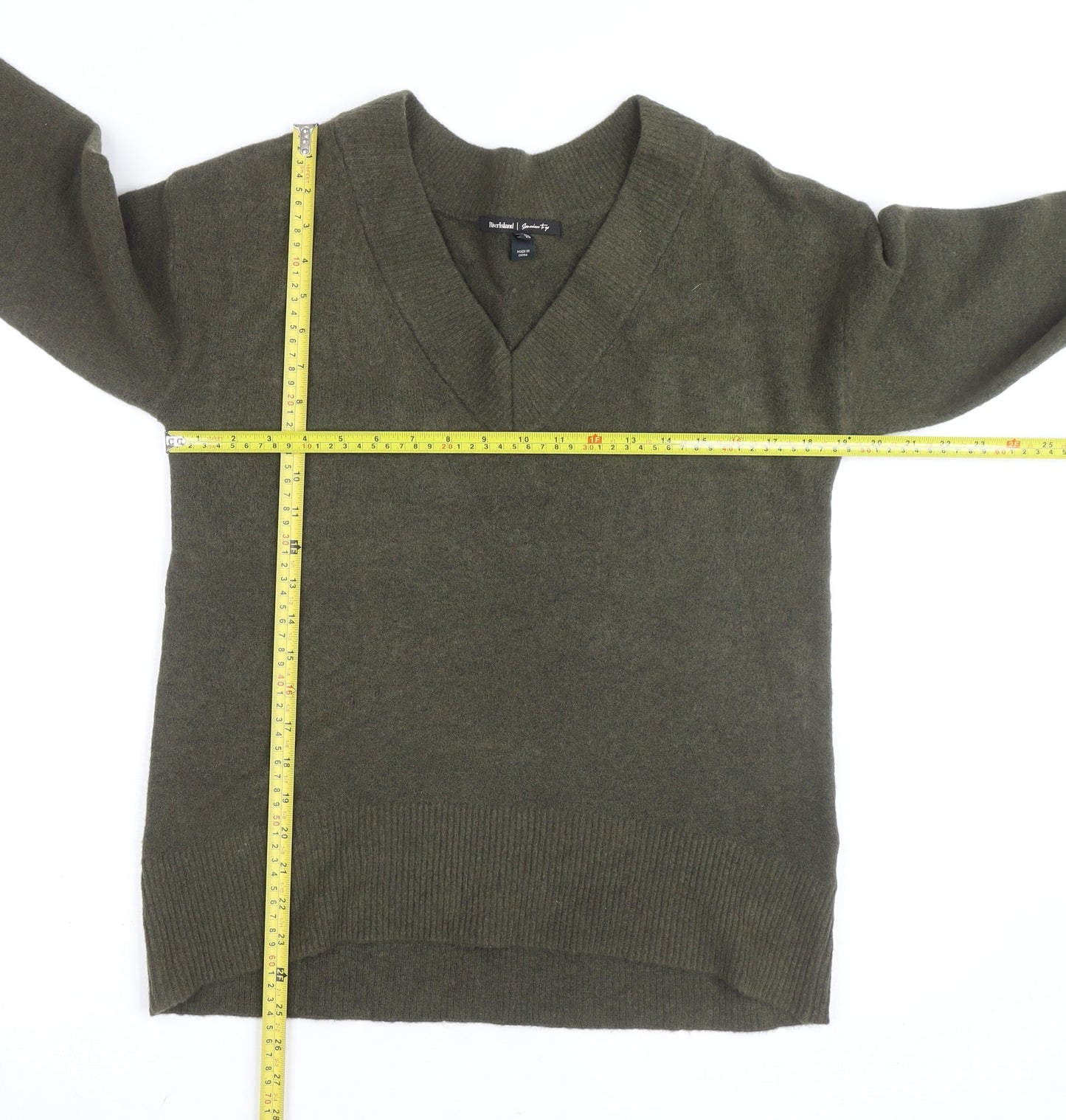 River Island Men's Green V-Neck Wool Blend Jumper XS