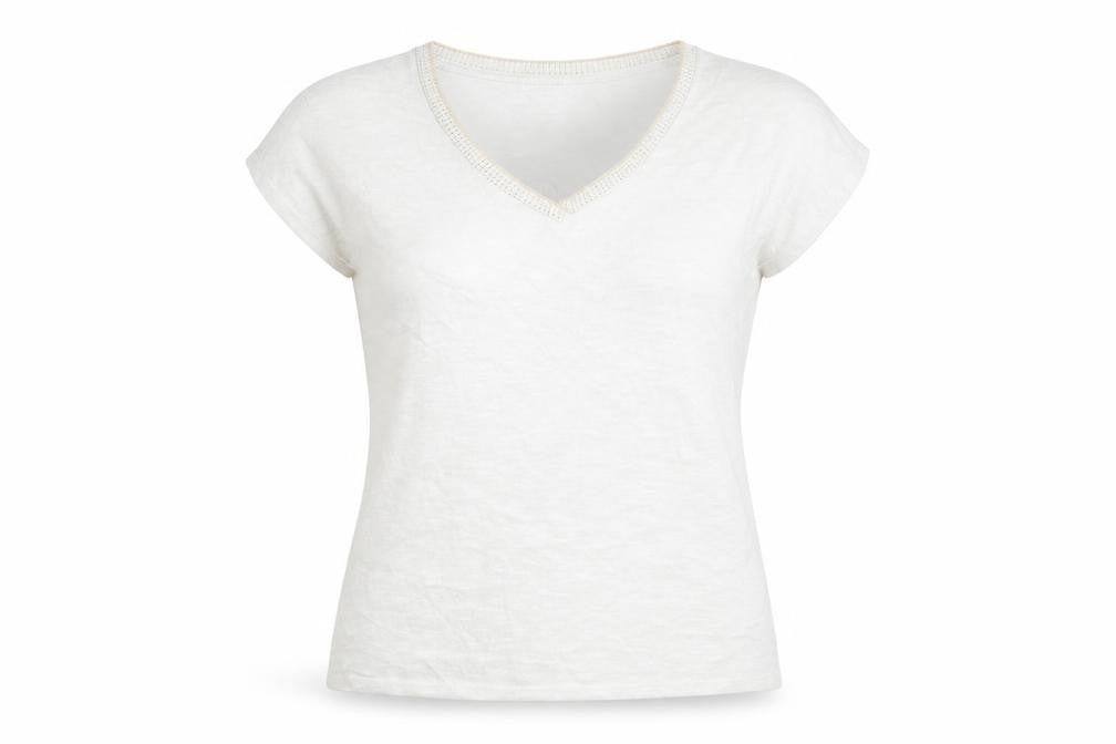 Mango Women's Beige V-Neck Short Sleeve Basic T-Shirt Size 8