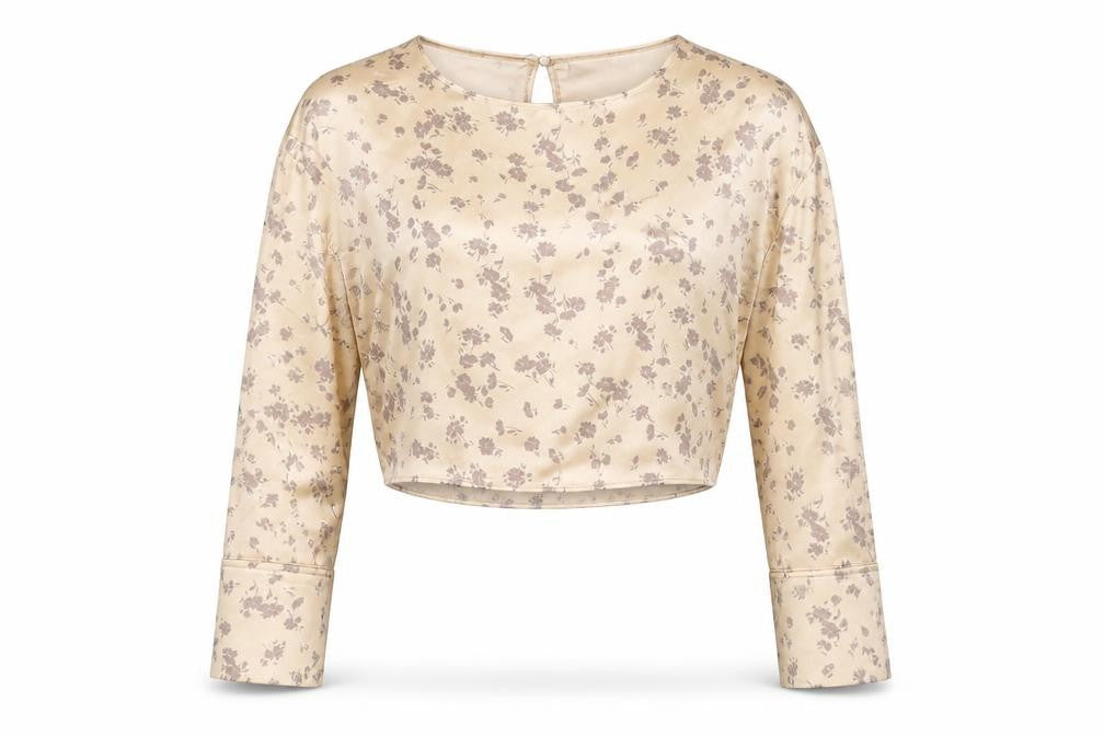 Zara Women Beige Floral Satin Cropped Blouse Size 12 Long Sleeve