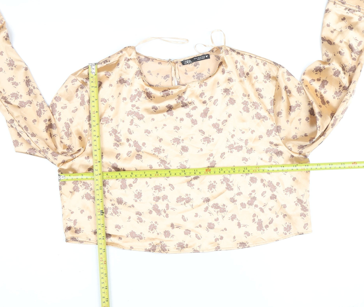 Zara Women Beige Floral Satin Cropped Blouse Size 12 Long Sleeve