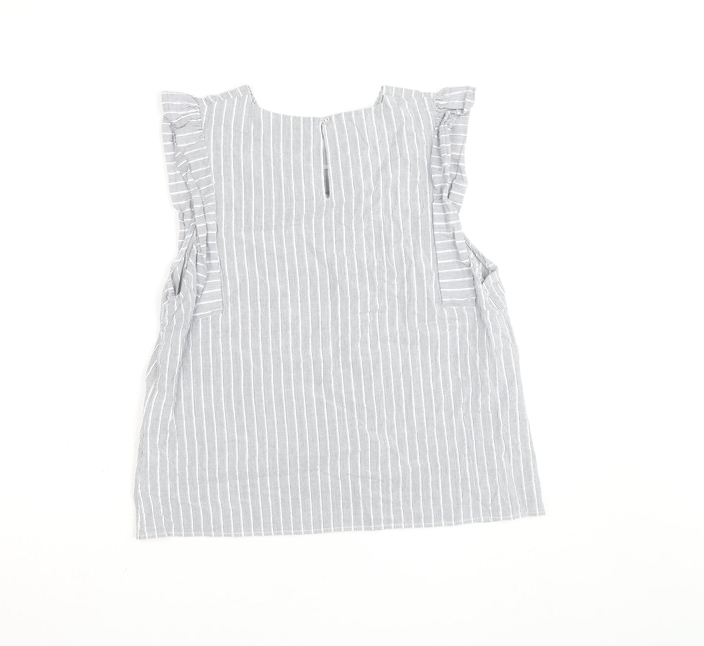 Oasis Women Grey Striped Ruffle Sleeve Cotton Blouse Size 16