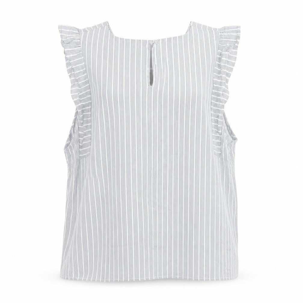 Oasis Women Grey Striped Ruffle Sleeve Cotton Blouse Size 16