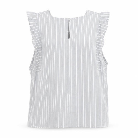 Oasis Women Grey Striped Ruffle Sleeve Cotton Blouse Size 16