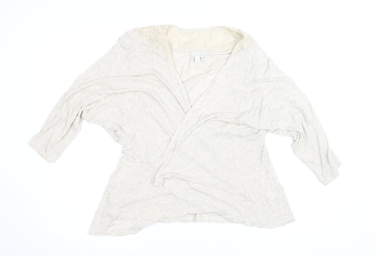 Monsoon Women’s Beige Wrap Blouse M 3/4 Sleeve Crochet Jersey Top