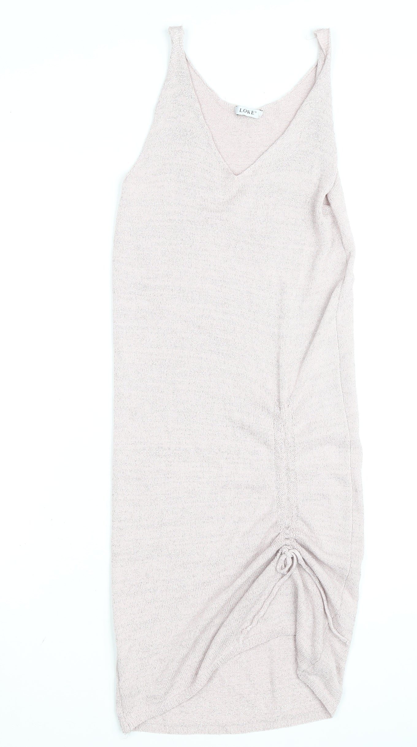 LOKE Women's Beige Knit Slip Dress S V-Neck Ruched Lightweight