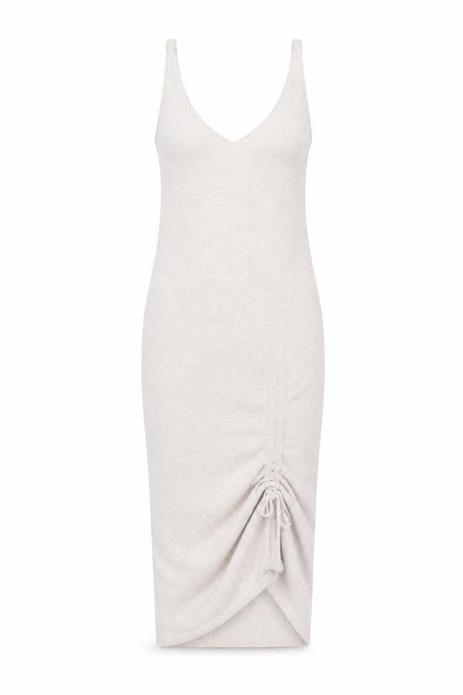 LOKE Women's Beige Knit Slip Dress S V-Neck Ruched Lightweight