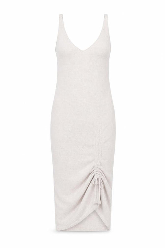 LOKE Women's Beige Knit Slip Dress S V-Neck Ruched Lightweight