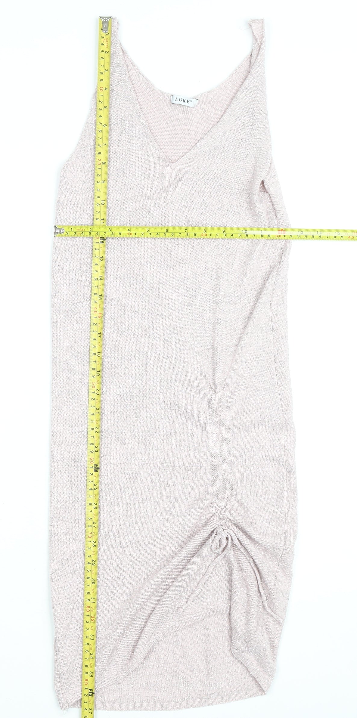 LOKE Women's Beige Knit Slip Dress S V-Neck Ruched Lightweight