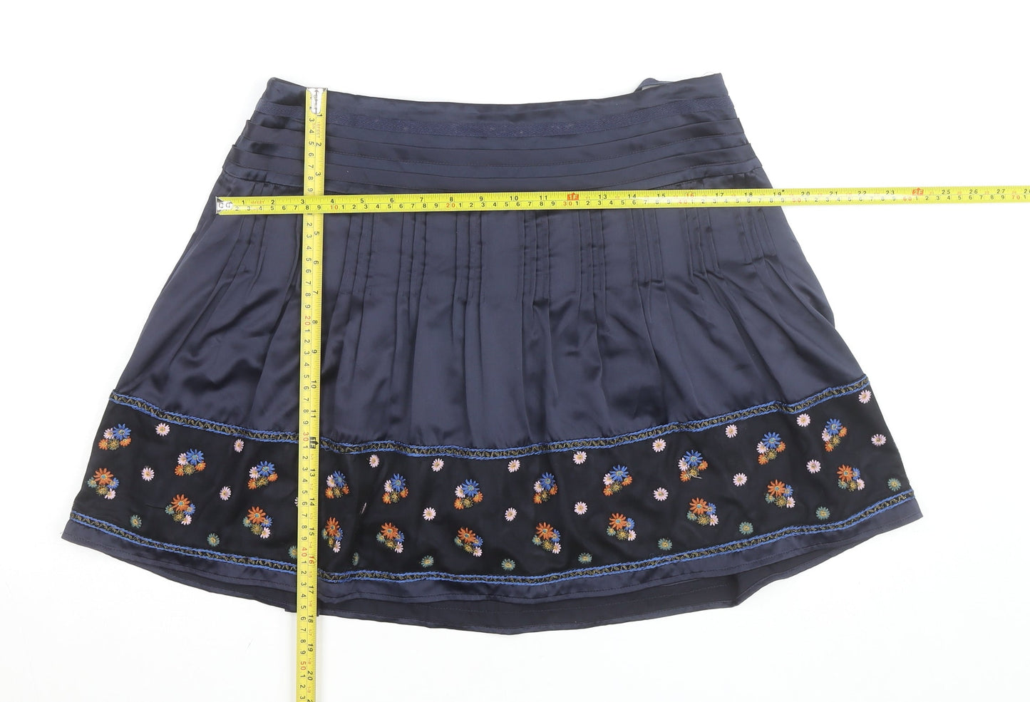 Monsoon Women Blue Floral Embroidered A-Line Short Skirt Size 14