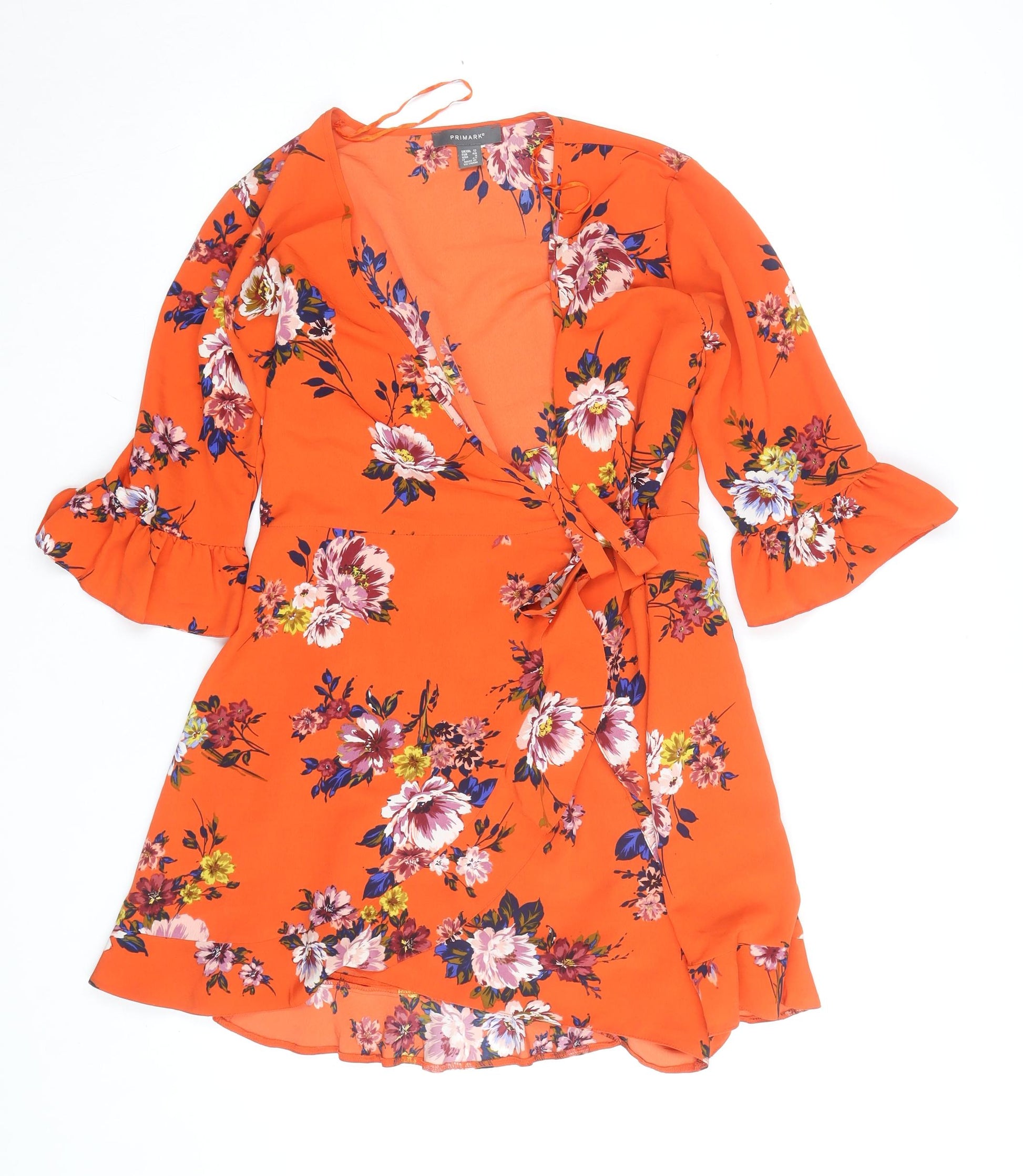Primark Women Orange Floral Wrap Dress Size 12 V-Neck Ruffle Hem – Prewornwholesale