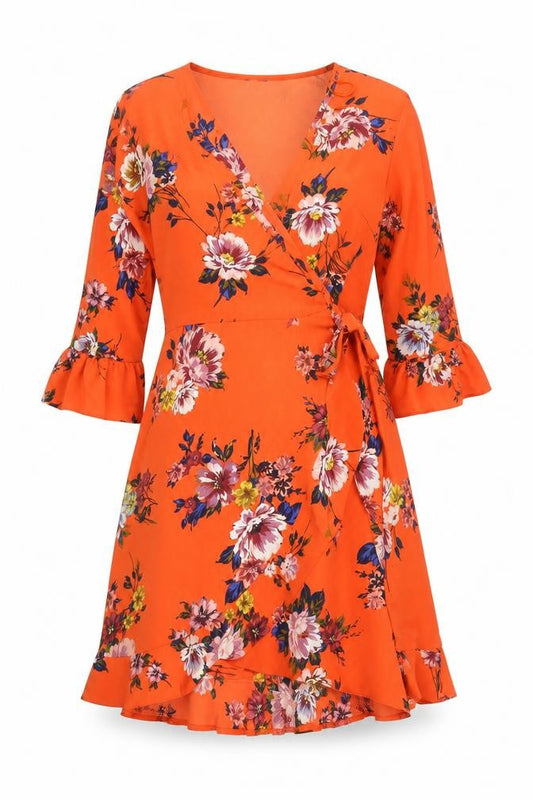 Primark Women Orange Floral Wrap Dress Size 12 V-Neck Ruffle Hem
