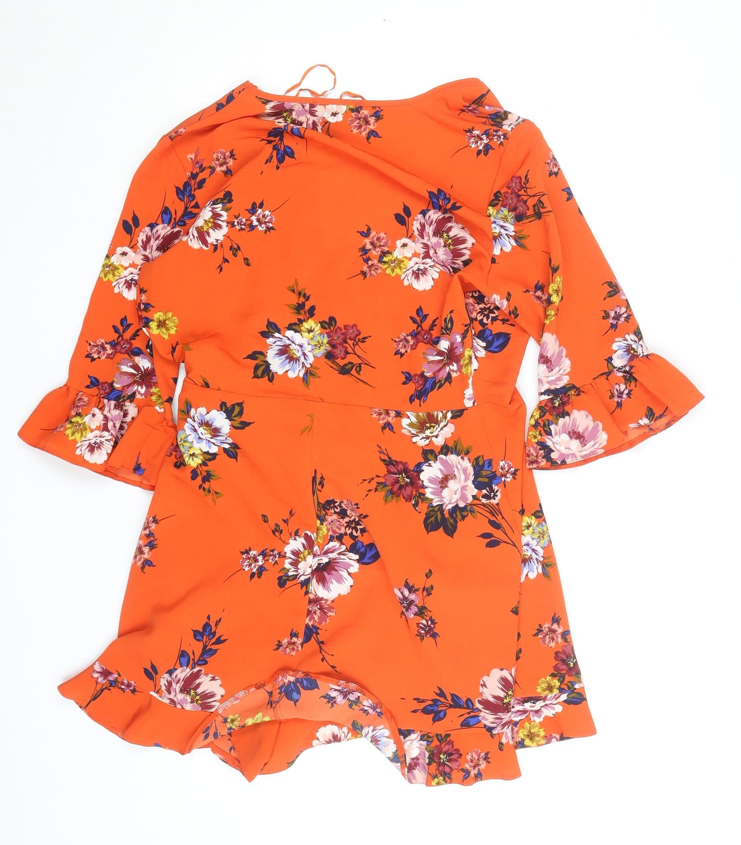 Primark Women Orange Floral Wrap Dress Size 12 V-Neck Ruffle Hem