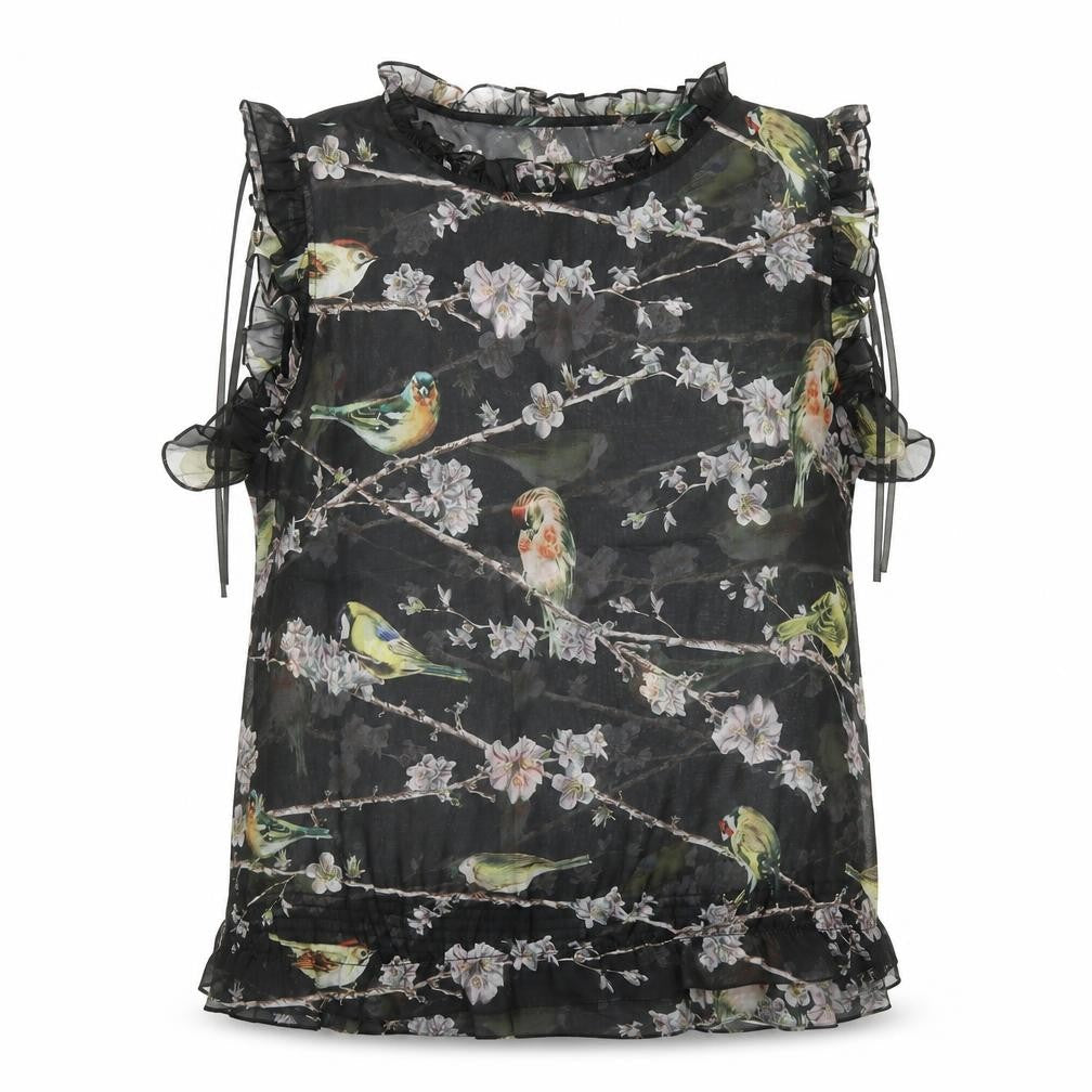 Ted Baker Women's Black Bird Print Ruffle Sleeveless Chiffon Blouse Size 14