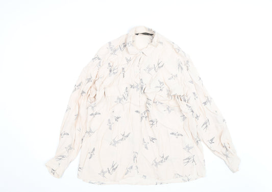 Zara Basic Women's Beige Bird Print Long Sleeve Blouse Size M