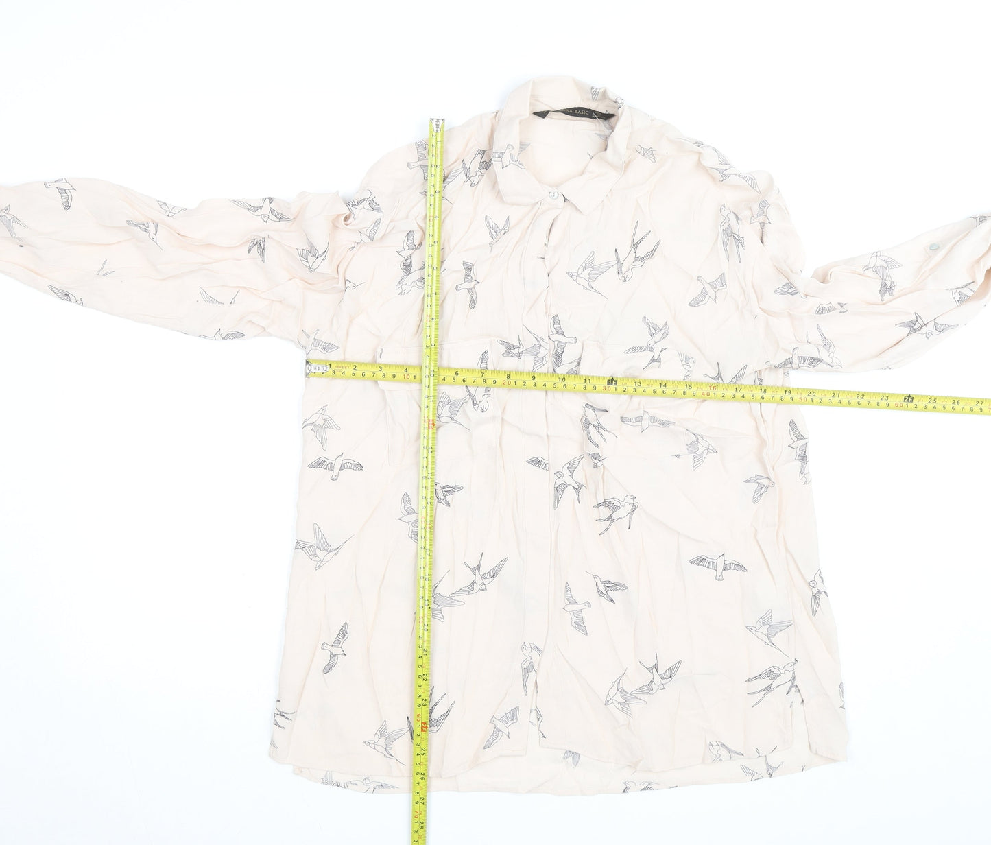 Zara Basic Women's Beige Bird Print Long Sleeve Blouse Size M