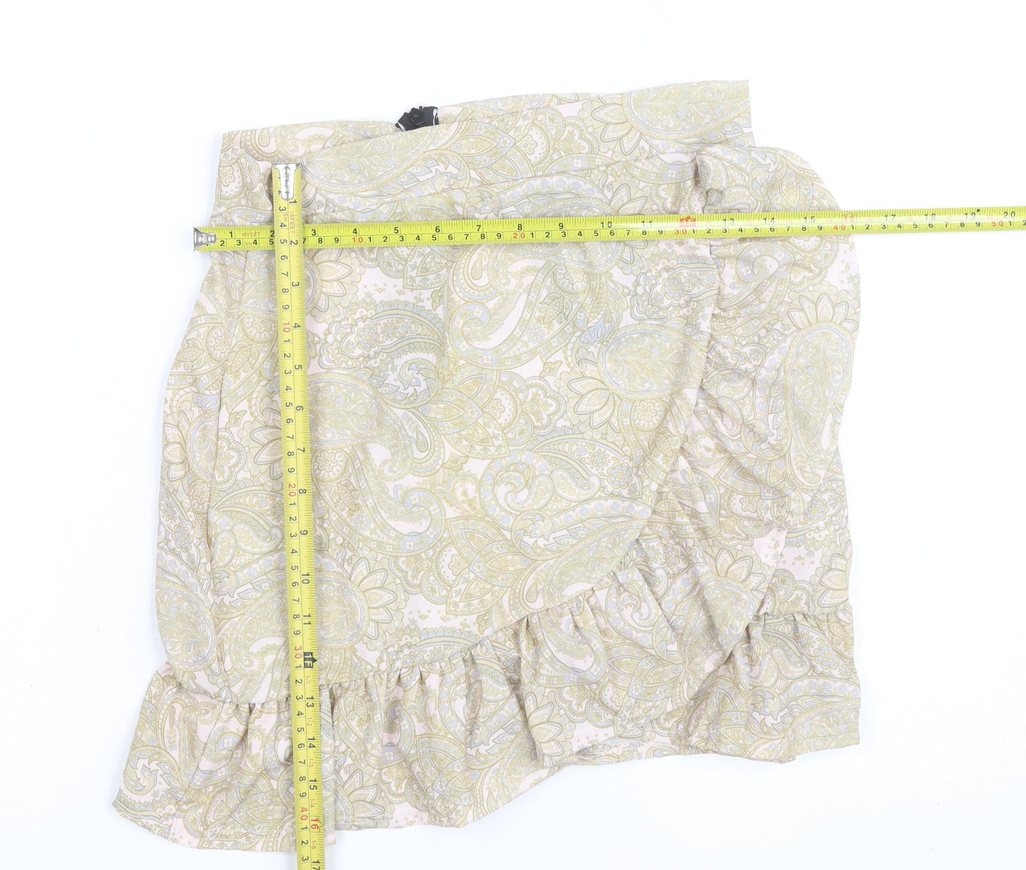PrettyLittleThing Women's Beige Paisley Wrap Ruffle Mini Skirt Size 8