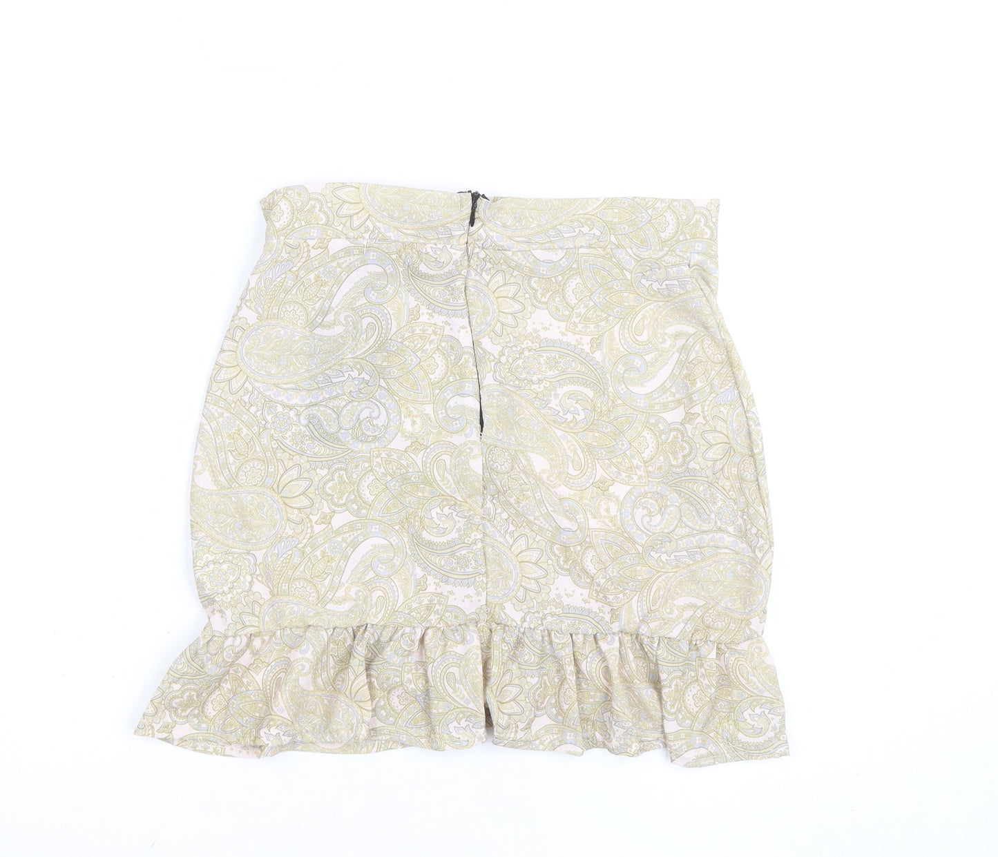 PrettyLittleThing Women's Beige Paisley Wrap Ruffle Mini Skirt Size 8
