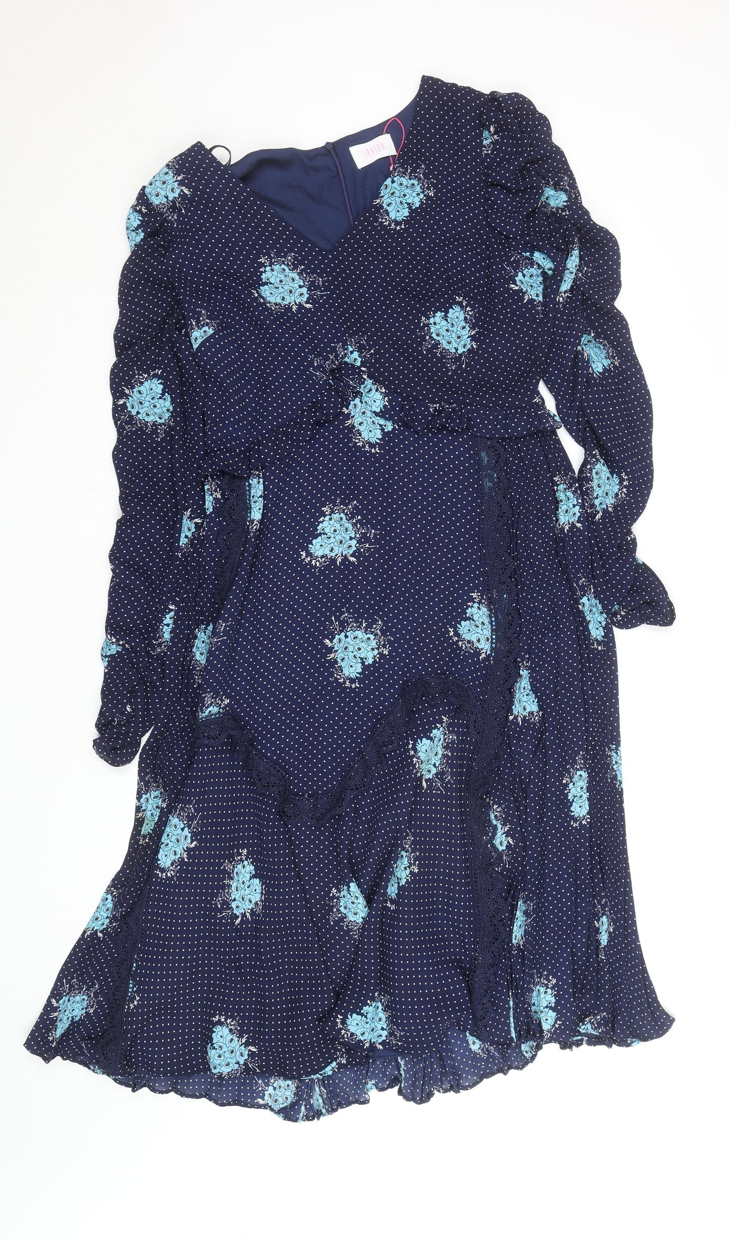 Savida Women Blue Floral Polka Dot Midi Wrap Dress Size 12