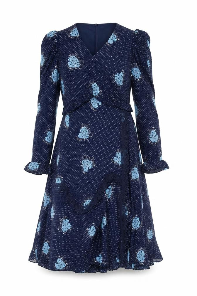 Savida Women Blue Floral Polka Dot Midi Wrap Dress Size 12