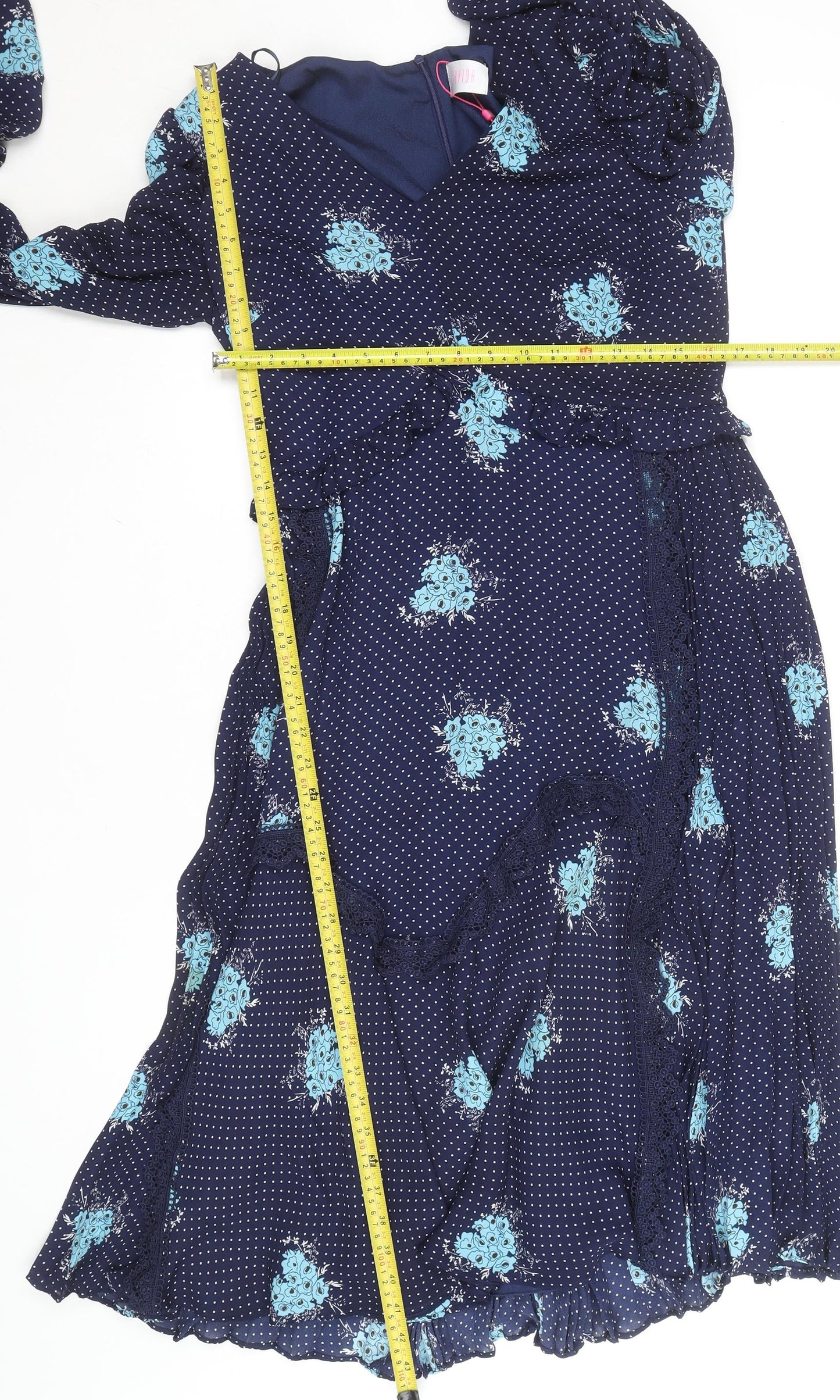 Savida Women Blue Floral Polka Dot Midi Wrap Dress Size 12