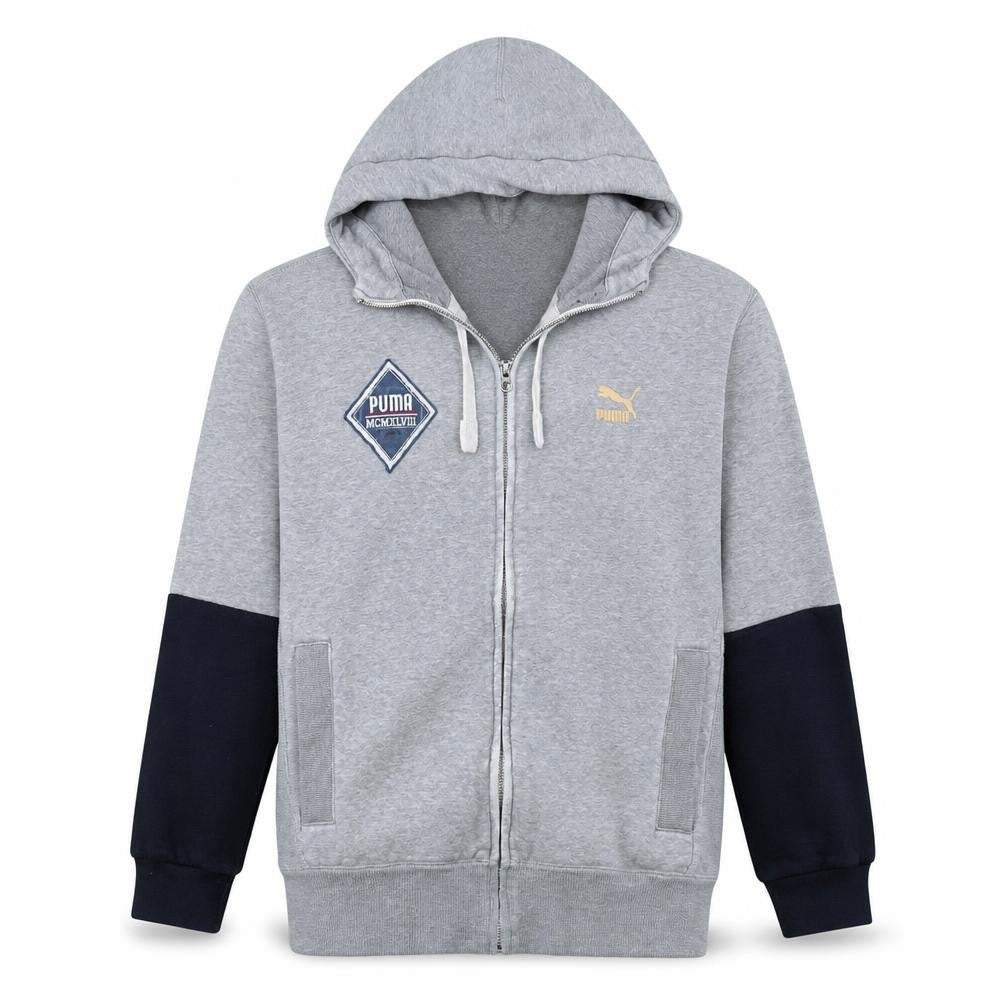 Puma Men Grey Full Zip Hoodie M Logo Sports Sweatshirt