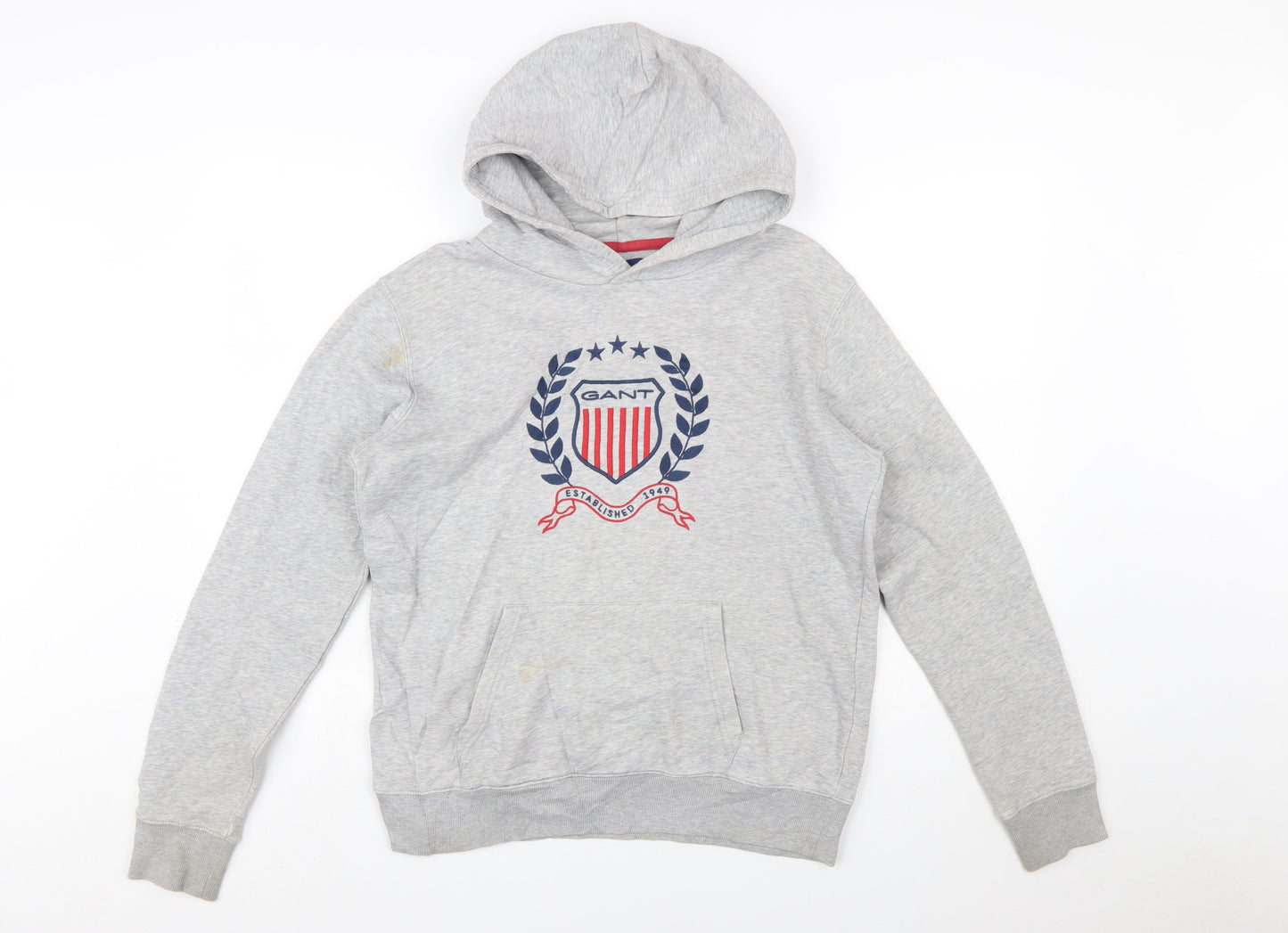 GANT Boys Grey Pullover Hoodie 16 Years Logo Crest Cotton Blend