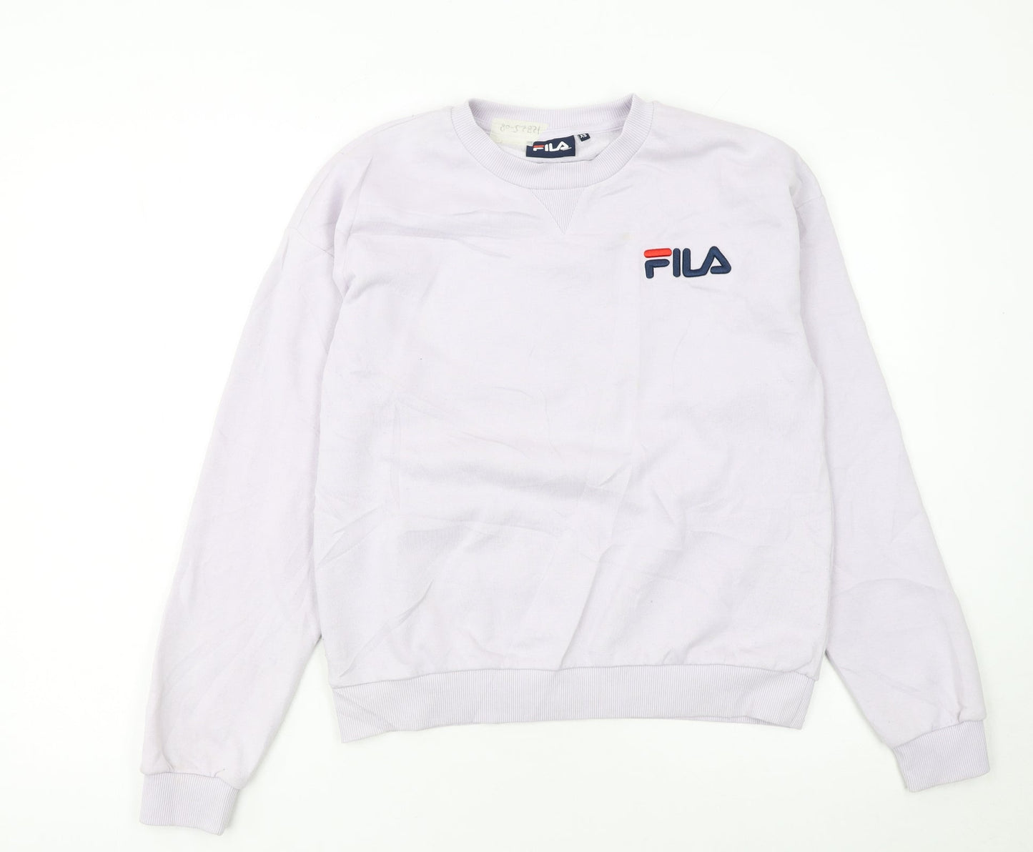 FILA Women White XS Pullover Sweatshirt Cotton Blend Logo Crew Neck