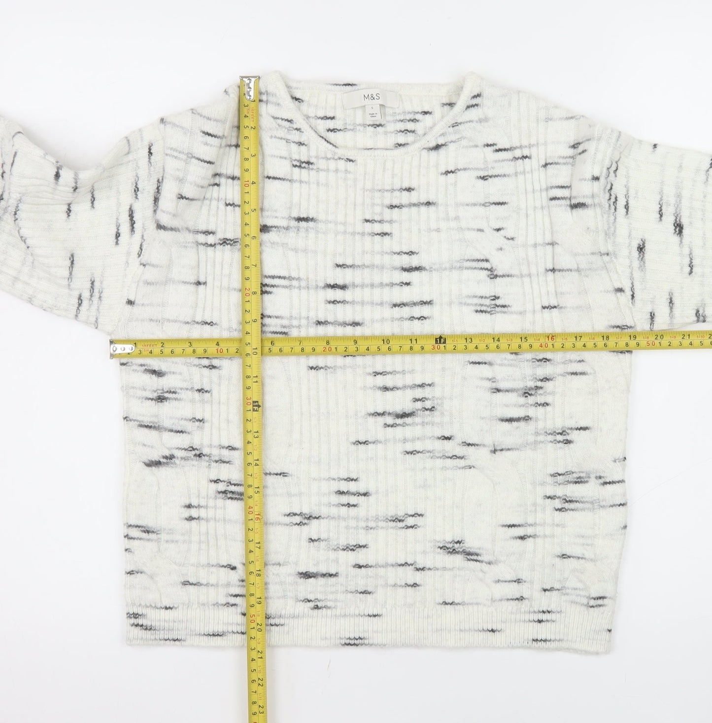Marks and Spencer Women White Ribbed-Knit Wool Blend Jumper Size S