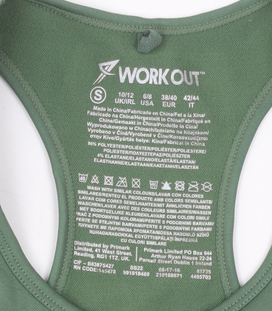 Prewornwholesale green racerback sports bra with medium support and seamless construction for activewear.
