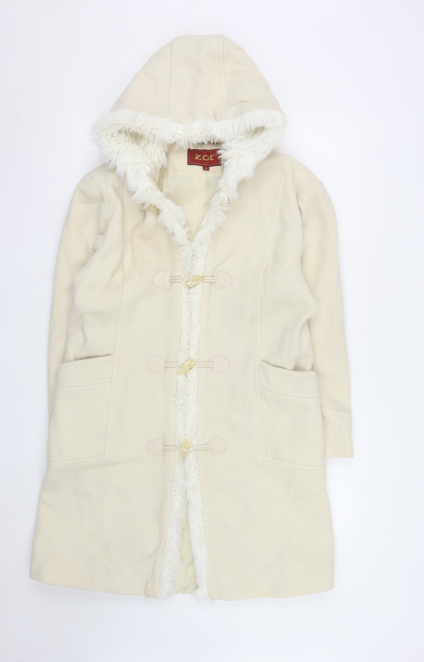 Zoe Women Ivory Wool Hooded Duffle Coat Size 14