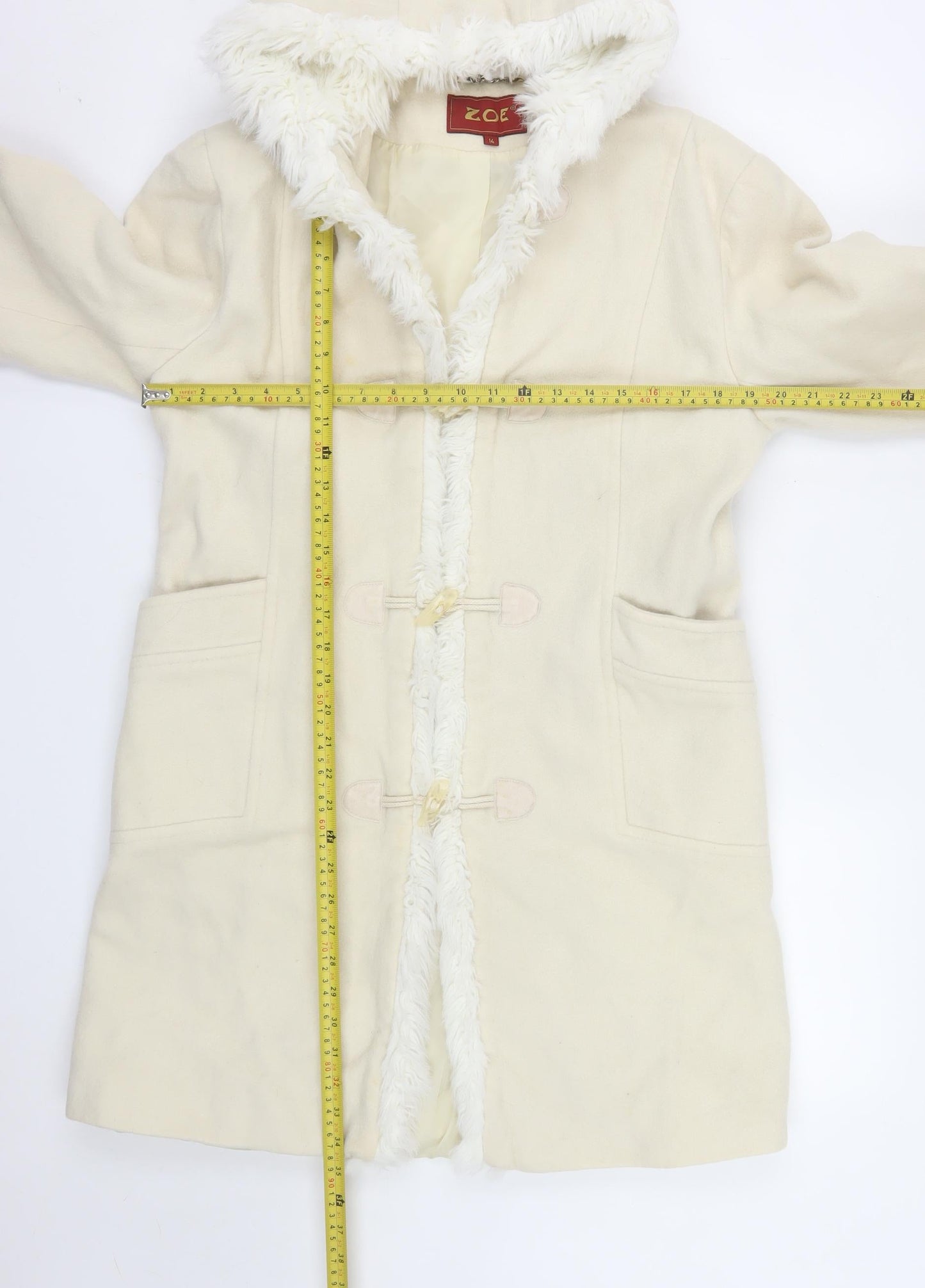 Zoe Women Ivory Wool Hooded Duffle Coat Size 14