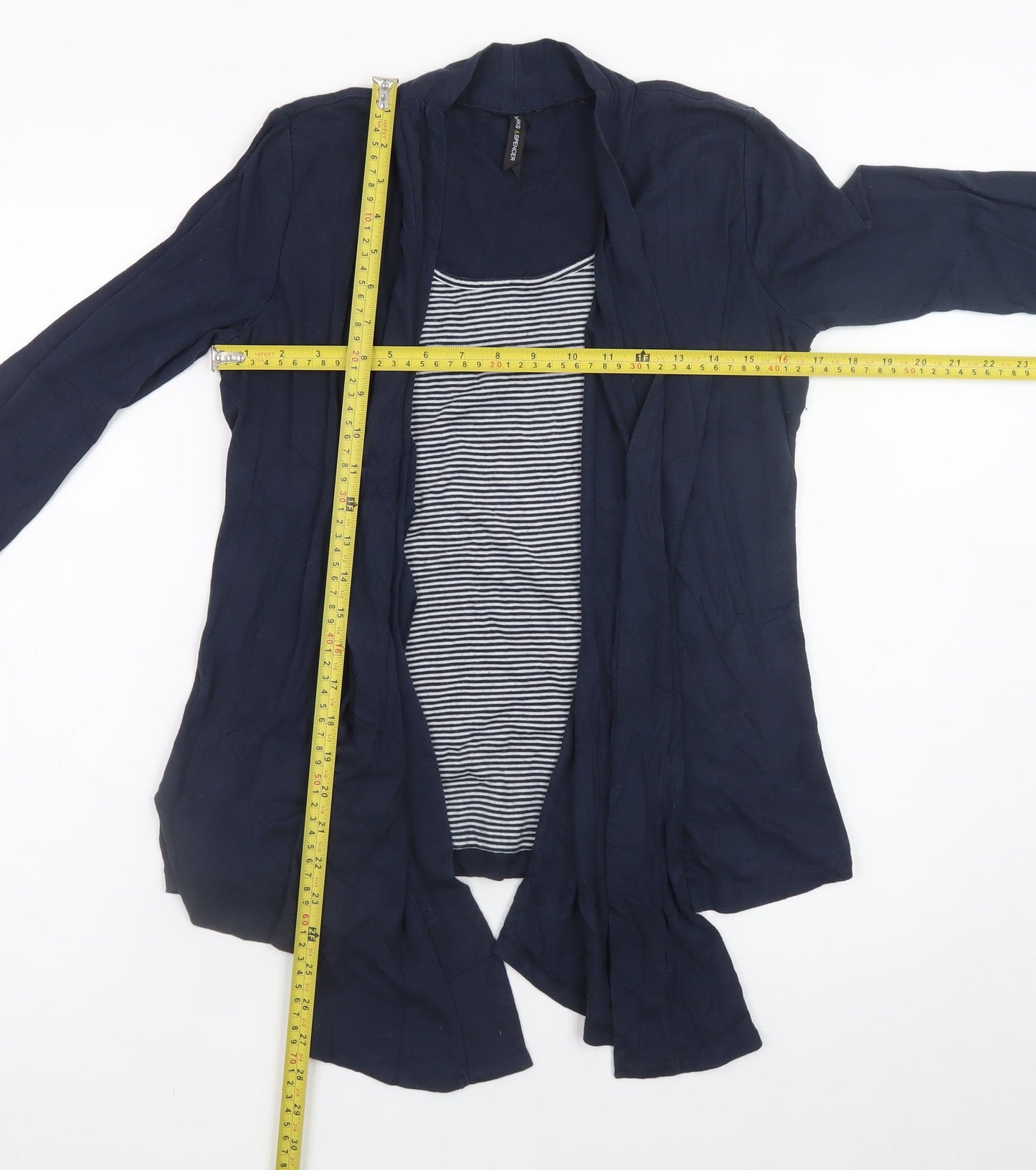 Marks and Spencer Women Blue Size 12 Cotton Blend Open Cardigan