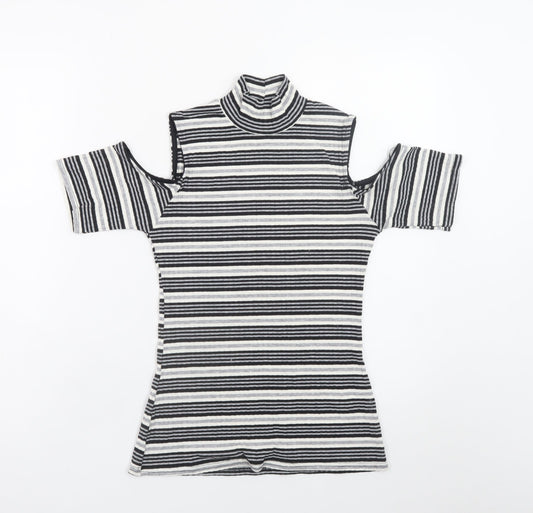 Quiz Women’s Black Striped Roll Neck Cold Shoulder Top Size 12