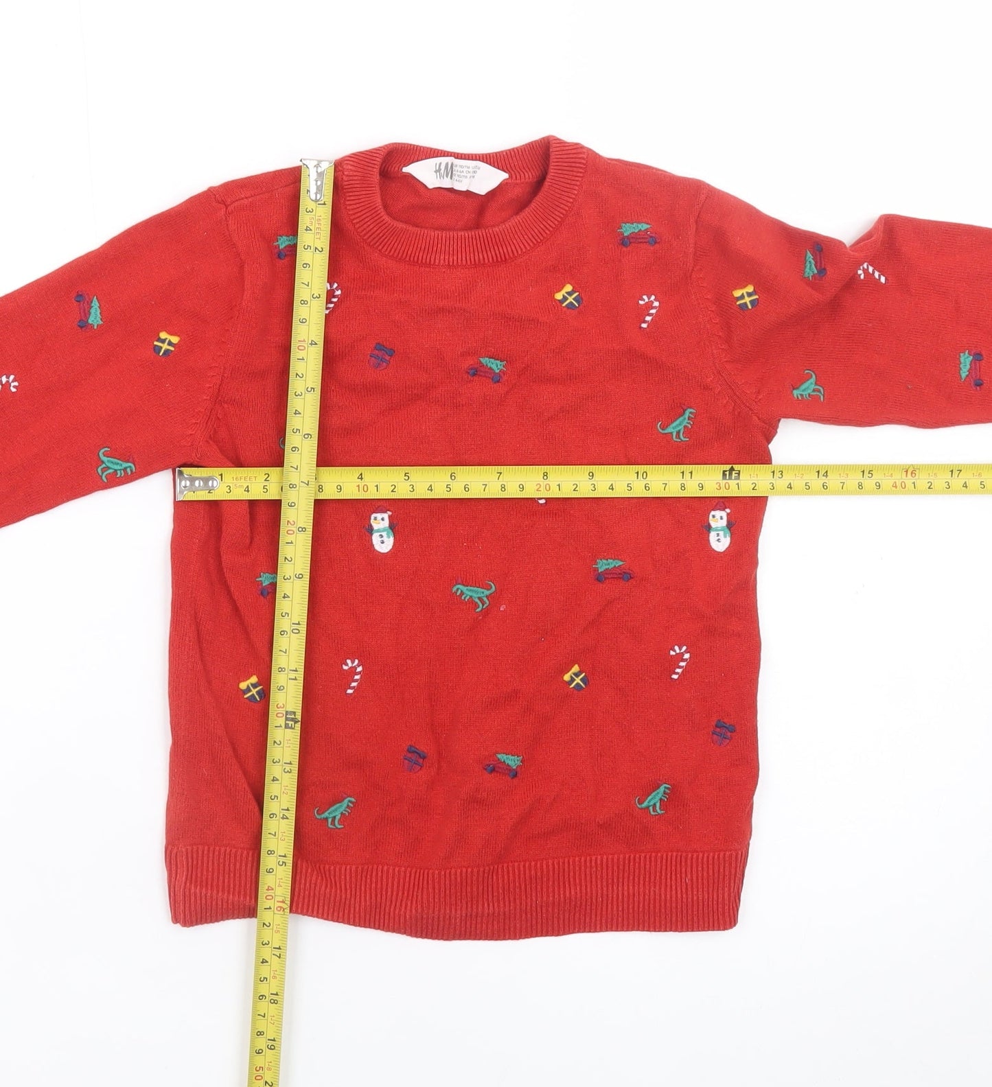 H&M Boys Red Christmas Jumper 4-6 Years Cotton Crew Neck Snowman Fair Isle