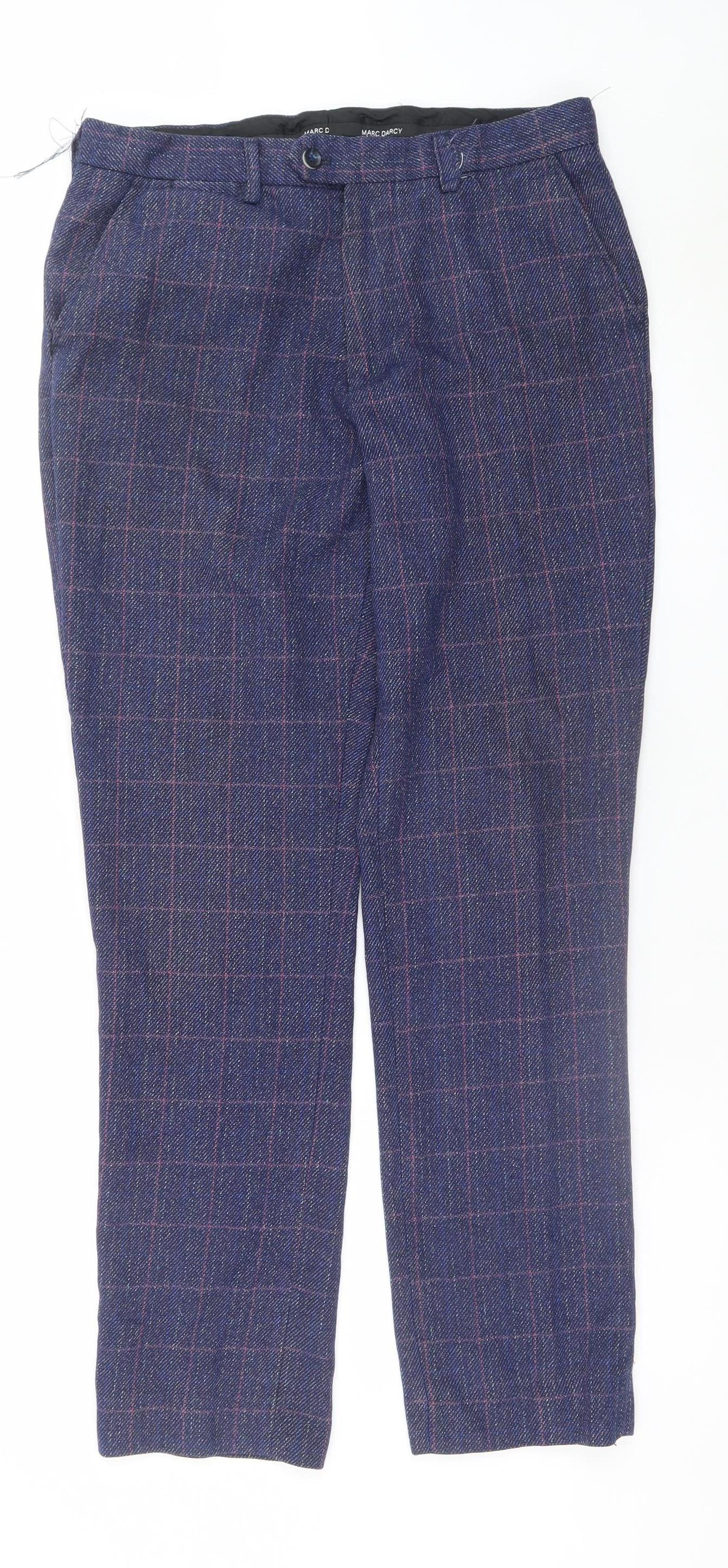 Marc Darcy Men's Blue Checked Wool Blend Dress Trousers 38/32